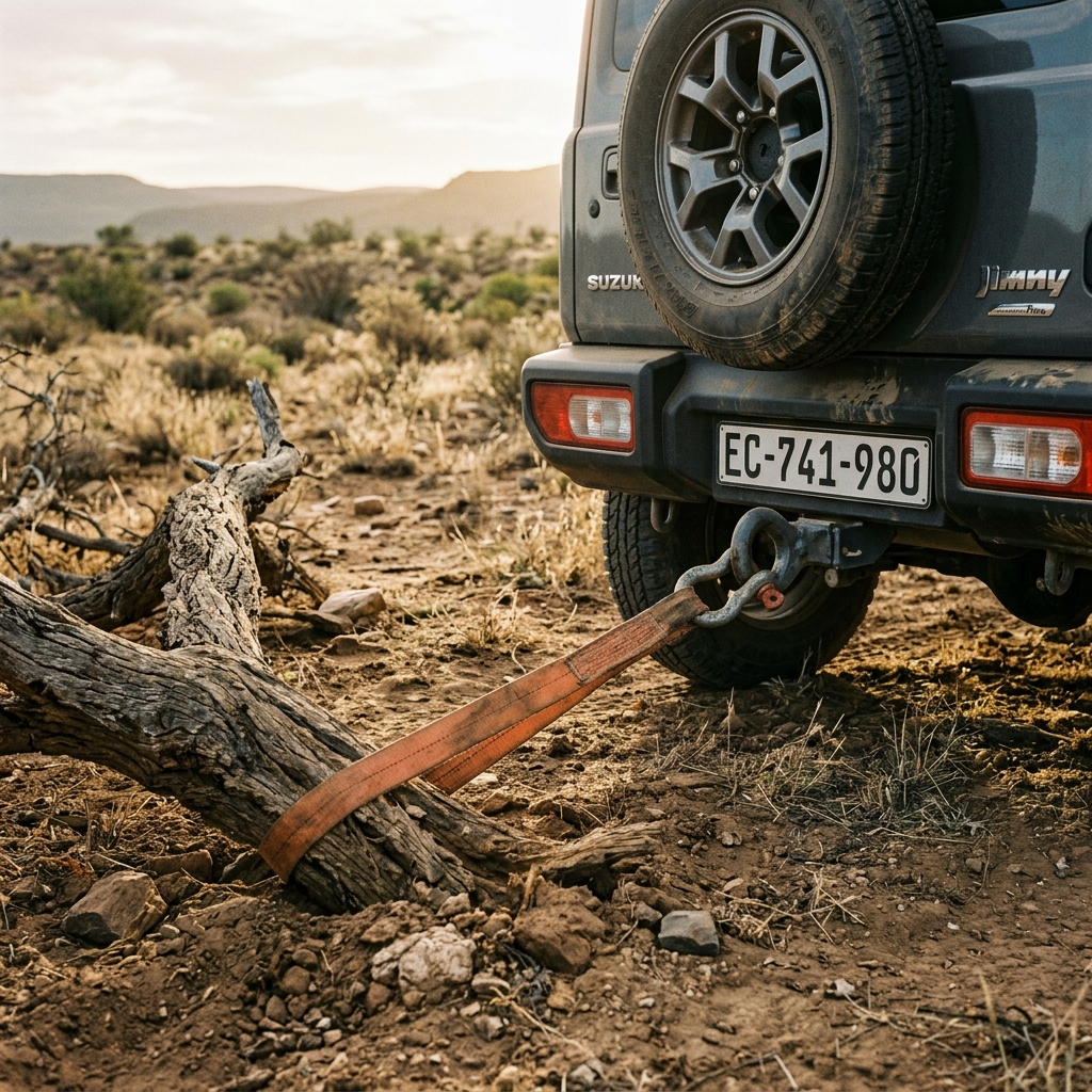 Fig 2.1: Tow strap attachment to the rear ladder frame hook, clearing the north pasture gate.